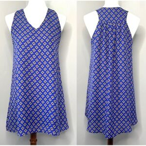 Hazel Anthropologie Blue Geometric Print Sleeveless Trapeze Shift Dress Large
